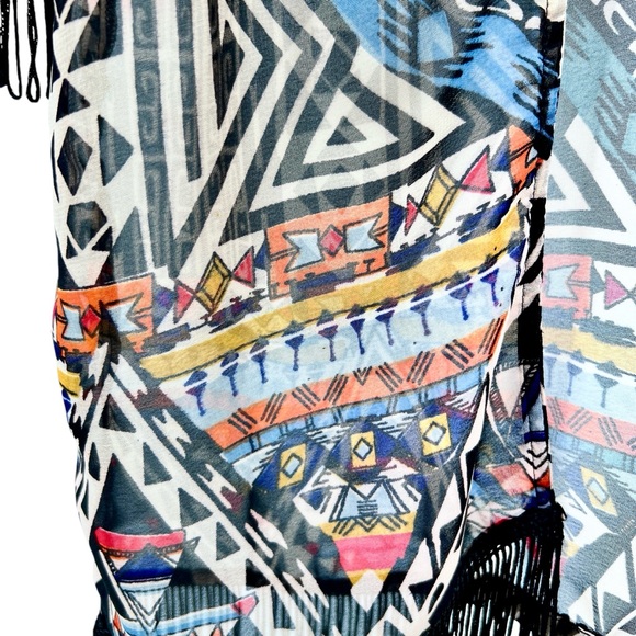 Angie NWT Aztec Print Fringe Kimono Medium Sheer Colorful Southwest Boho Flowy - Picture 11 of 16